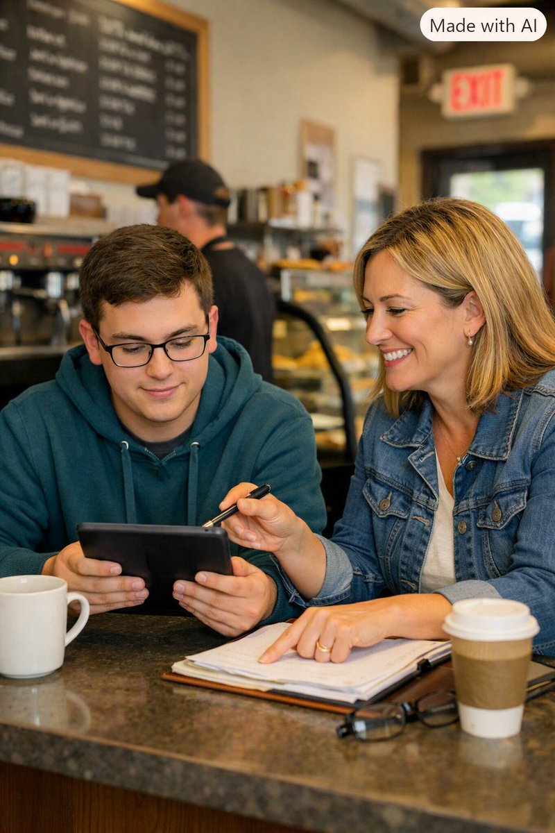 A life skills coach and a young adult review a schedule on a tablet together at a neighborhood coffee counter.