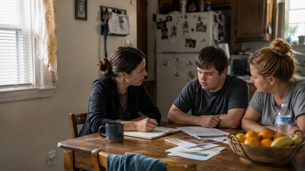 A coordinator takes notes at a family's kitchen table while a young adult and his mother listen.