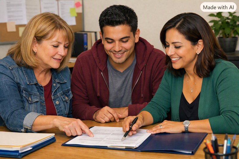 A parent, a Regional Center Service Coordinator, and a coach review an Individual Program Plan across a table.
