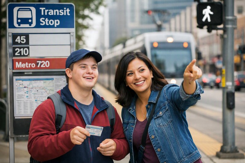 A travel training coach points out the route while a young adult holds his transit card at a city transit stop.